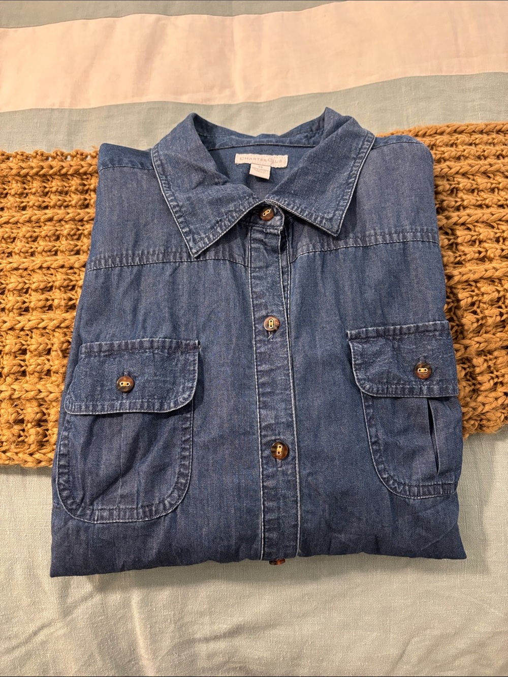 Charter Club Denim Cotton Button Down Shirt Blue 14 - Picture 7 of 7
